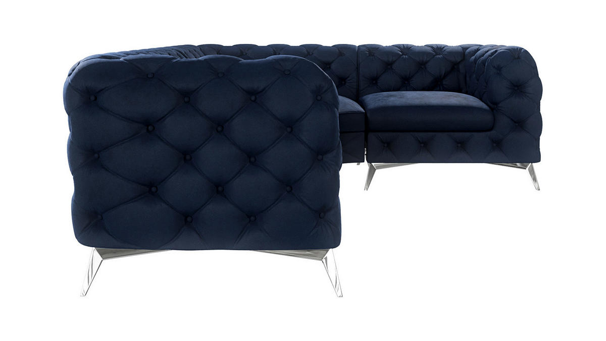 ECKSOFA Chesterfield Laura Marineblau Samt, Ottomane rechts - Silberfarben/Dunkelblau, Holz/Textil (264/204cm) - S-Style Möbel