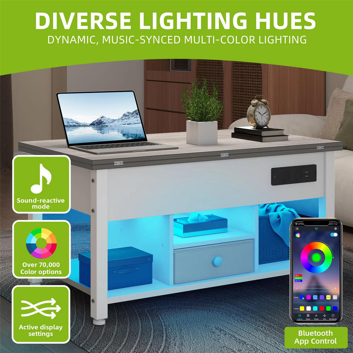 COUCHTISCH 4-in-1 höhenverstellbar LED Stauraum Weiß/Grau - Weiß, Holz (90/47.8/61.7cm) - Kaket