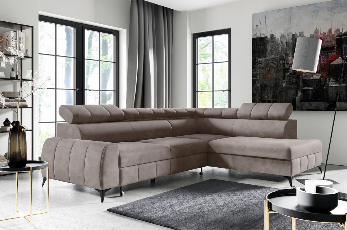 ECKSOFA London Hellbraun Velours - Hellbraun/Schwarz, Textil/Metall (274/203cm) - Selsey