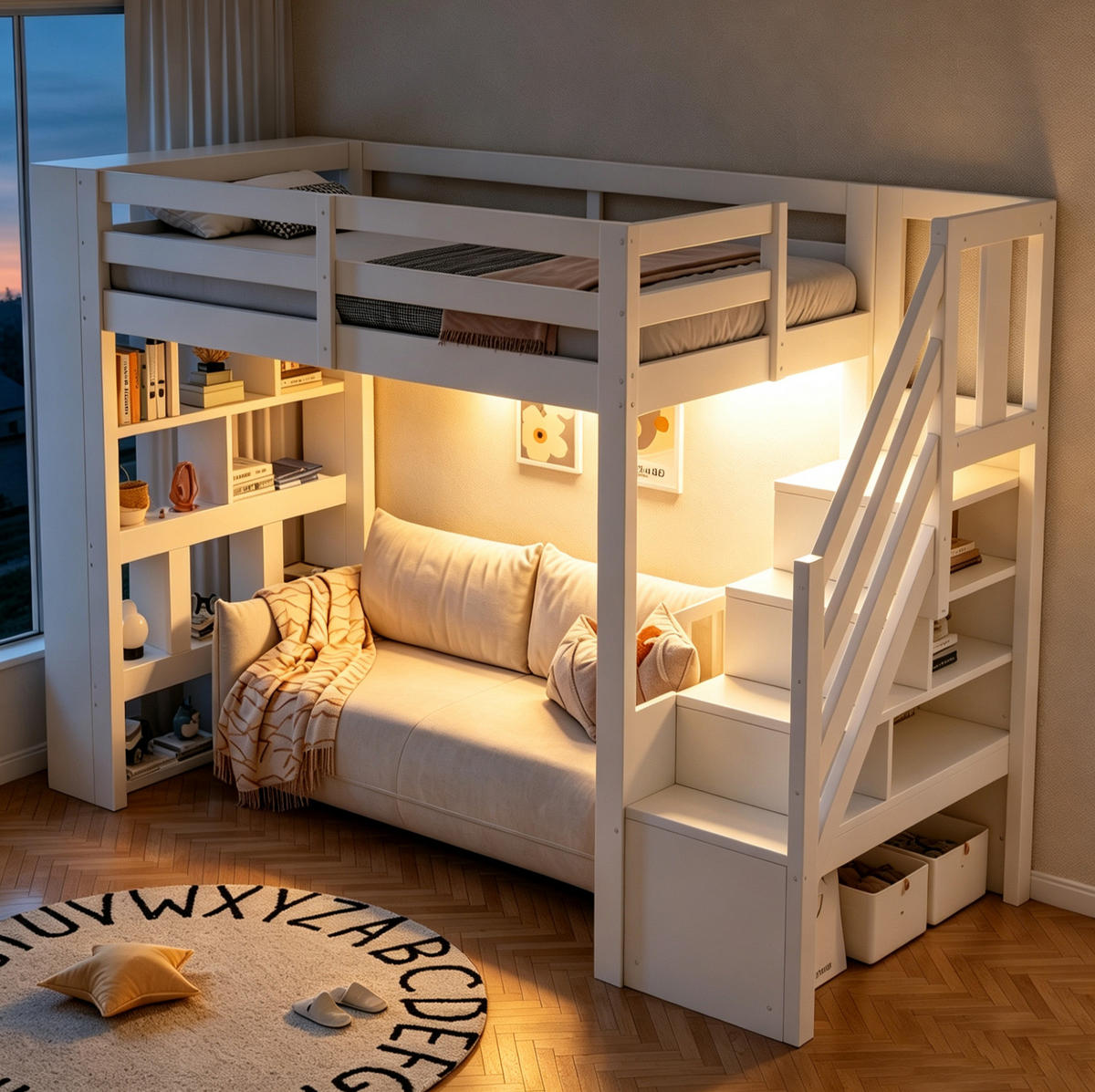 HOCHBETT aus Kiefernholz 90x200 cm Weiß mit Stauraumtreppe, Regalfächern und LED-Beleuchtung - Weiß, Holz (90/200cm) - Modfu