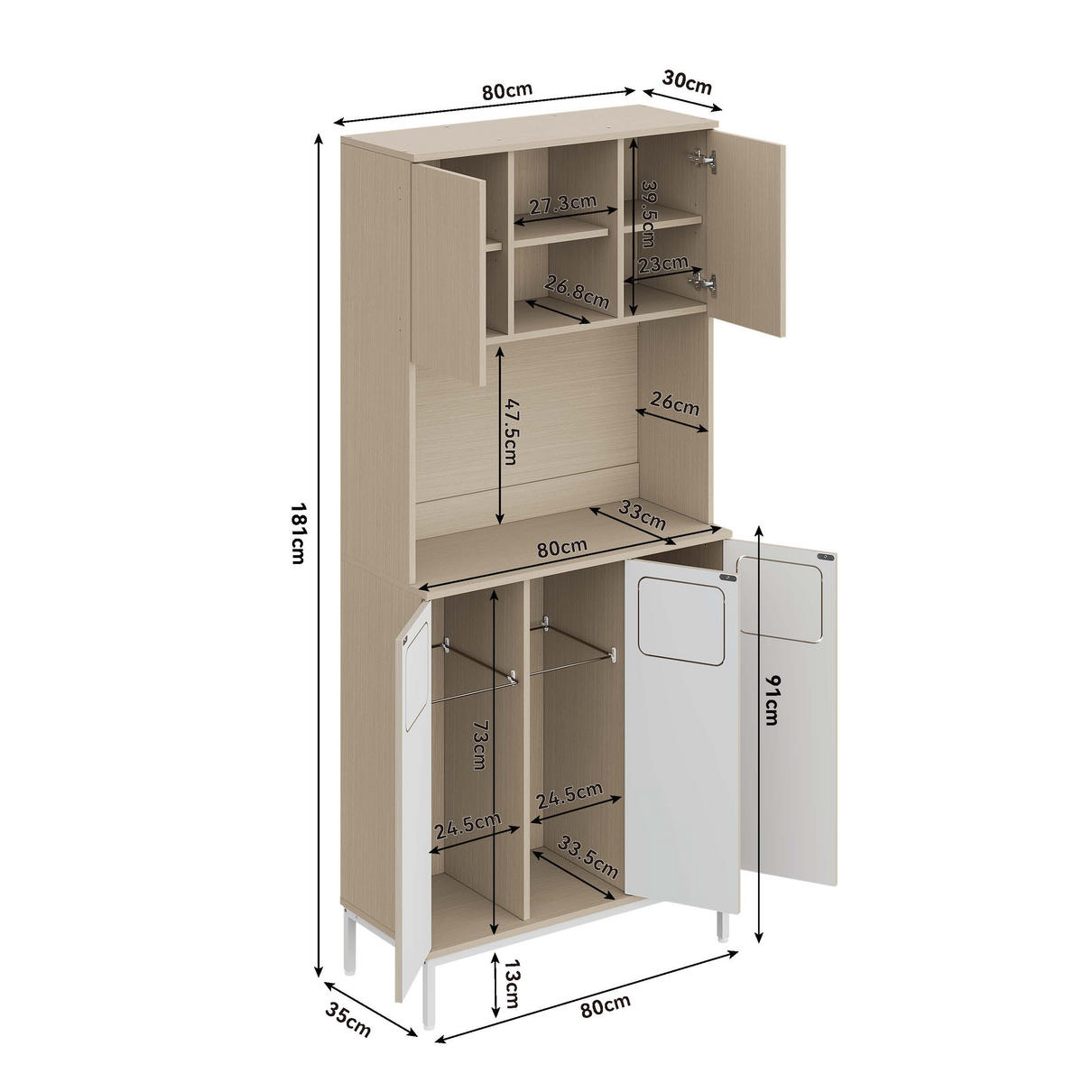BUFFET 80/35/181 cm Weiß aus MDF mit Mikrowellenfach - Weiß, Holzwerkstoff (80/181/35cm) - OKWISH