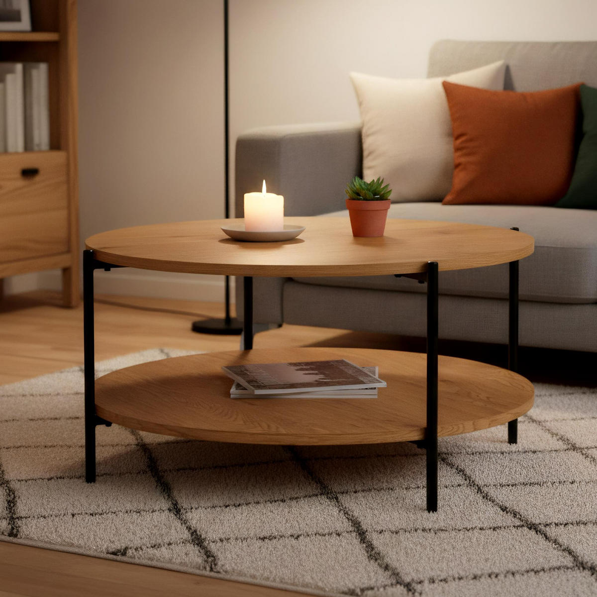 COUCHTISCH rund 80 cm Holz Natura - Eukalyptusholzfarben/Schwarz, Holz/Metall (80/80/40cm) - CLP