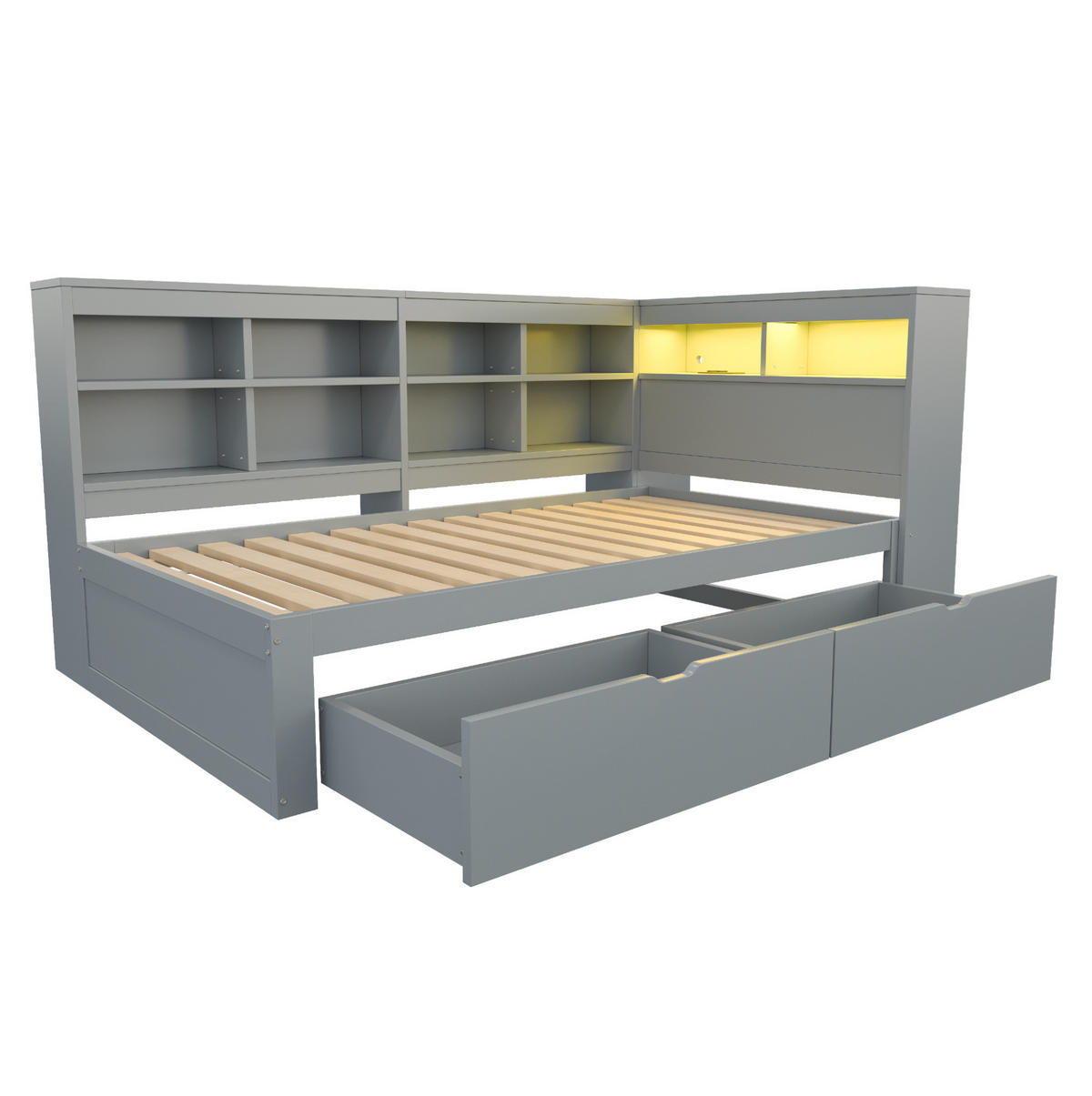 DRVENI krevet od borovine 90x200 cm sivi s USB priključkom, LED rasvjetom i spremištem - siva, drvni materijal (90/200cm) - Modfu