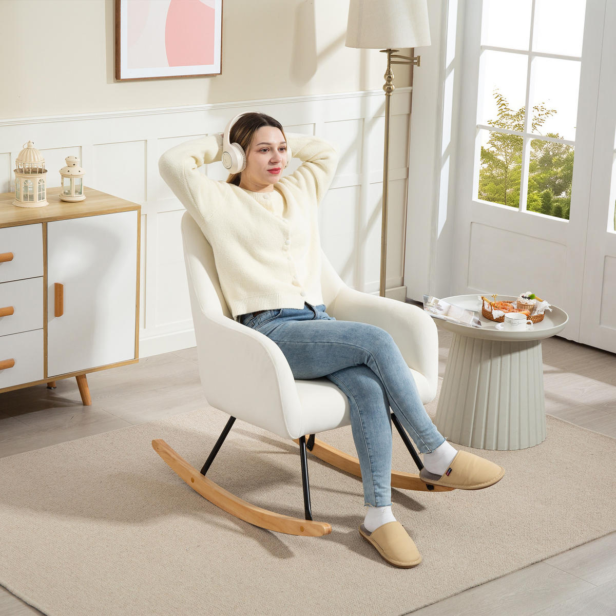 SCHAUKELSTUHL Schaukelsessel mit Armlehne, Holzkufen für Schlafzimmer Creme - Weiß, Kunststoff (68/89/85cm) - HOMCOM