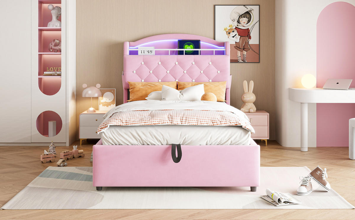 KINDERBETT 90x200 cm Samt LED USB rosa - Rosa, Textil (90/200cm) - LEBENLANG