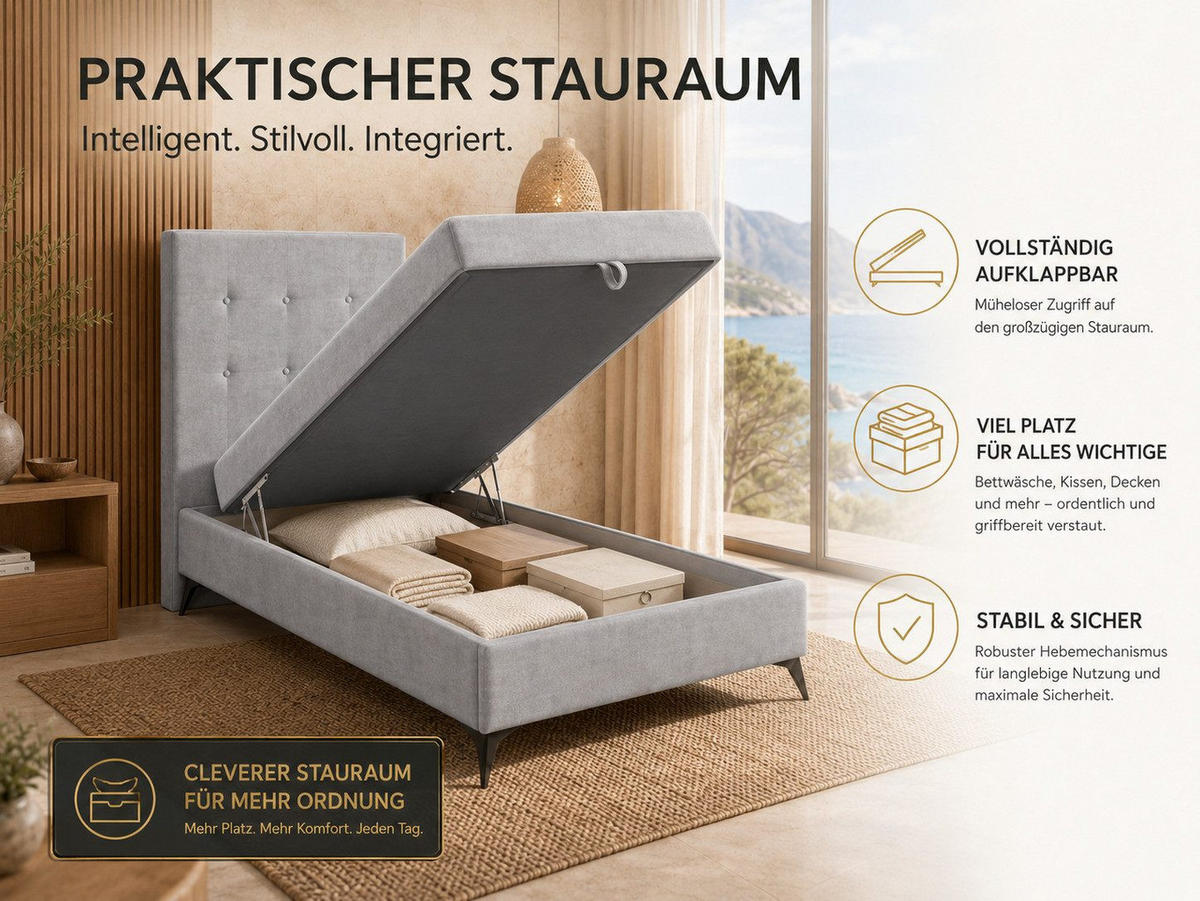 BOXBETT K15 Single SLIM mit Bettkasten & Bonell-Federkern inkl. Topper - Hellgrau, Holz/Textil (200/90cm) - Best For Home