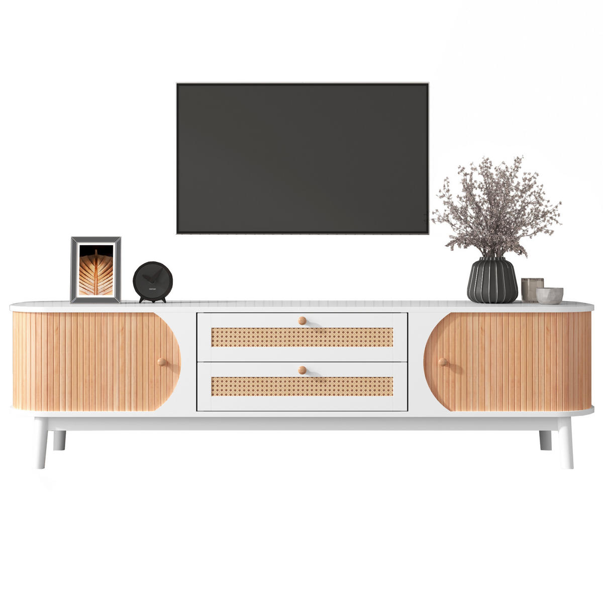 TV-SCHRANK in Weiß und Holzoptik mit Rattan-Schubladen 170/39.5/46 cm - Weiß, Holzwerkstoff (170/46/39.5cm) - Redom
