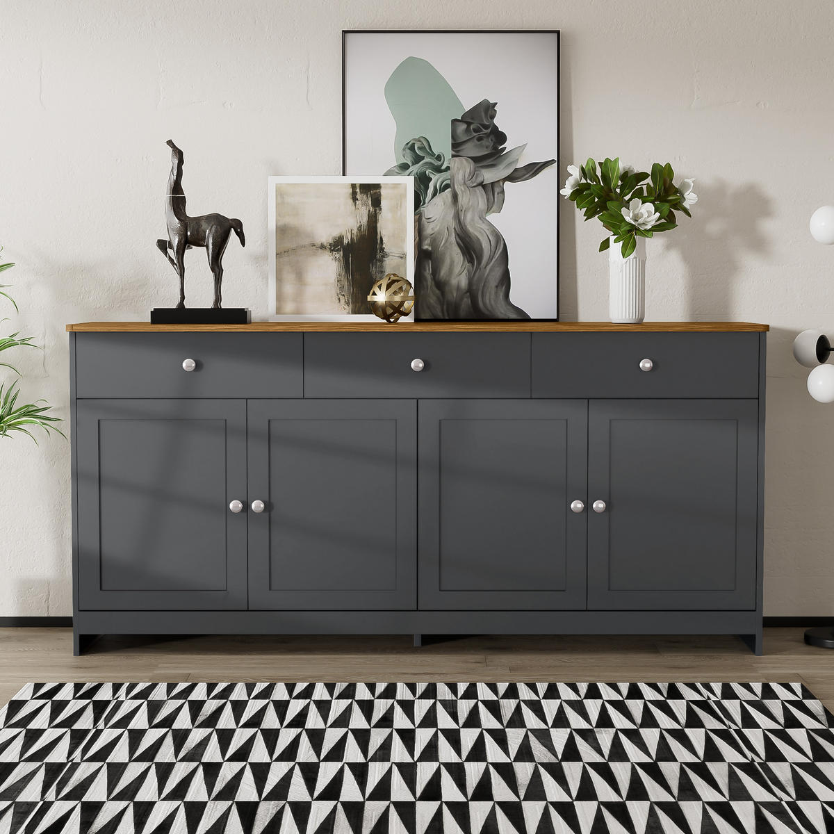 SIDEBOARD mit 3 Schubladen und 4 Türen mit Regalböden Holzfarben 160/75/37 cm - Schwarz/Grau, Holzwerkstoff/Metall (160/75/37cm) - EVRYAE