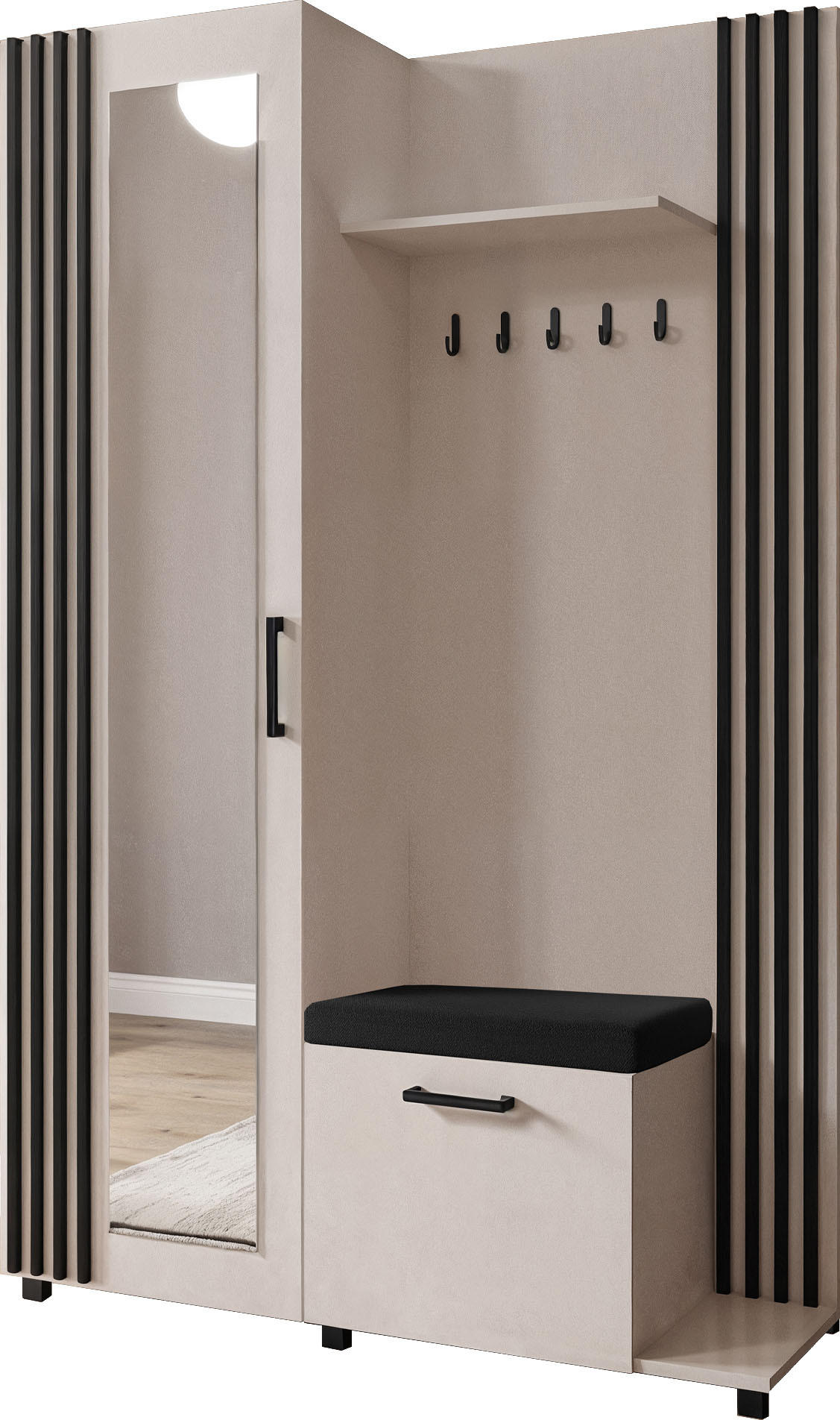 GARDEROBE Linaro mit Spiegel, Sitzbank in Lamellen-Optik 137/207/42 cm, Rechts - Kaschmir/Schwarz, Holzwerkstoff (137/207/42cm) - WFL GROUP