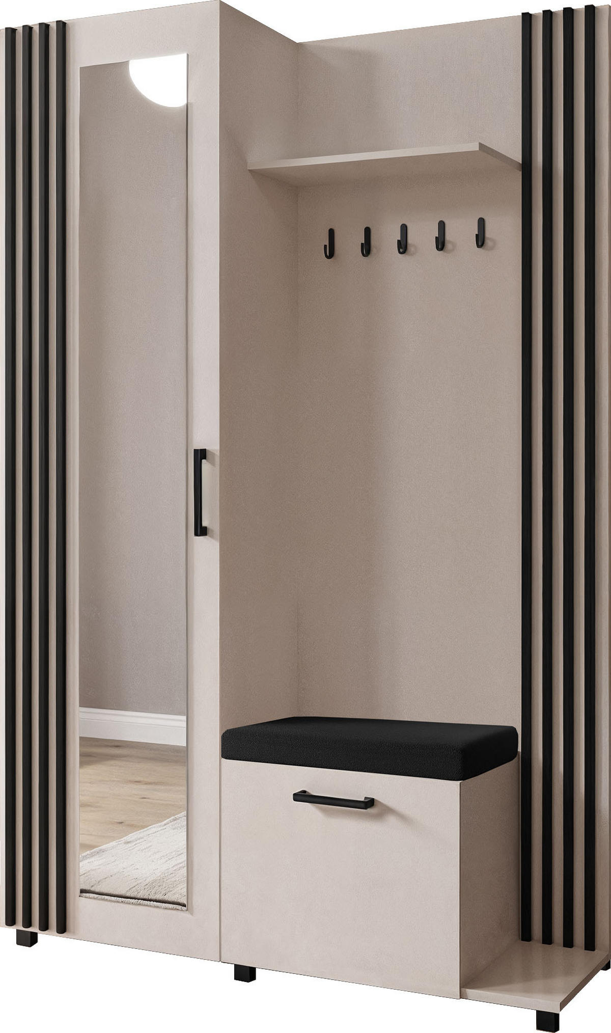 GARDEROBE Linaro mit Spiegel, Sitzbank in Lamellen-Optik 137/207/42 cm, Rechts - Kaschmir/Schwarz, Holzwerkstoff (137/207/42cm) - WFL GROUP