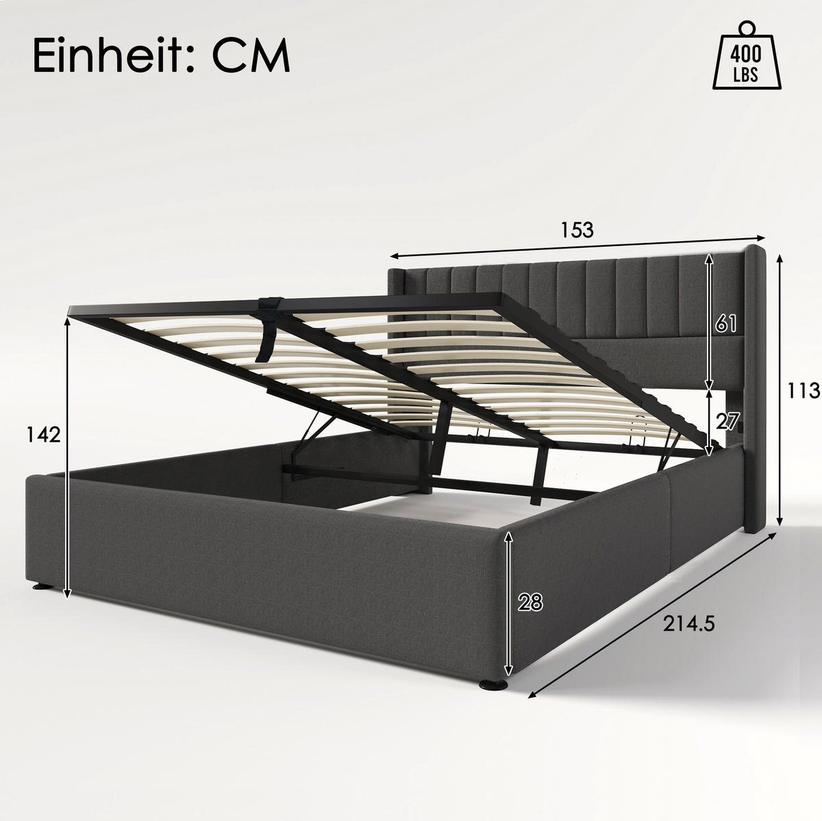 BETT mit Bettkasten 140x200 cm Leinen Grau - Grau, Metall (140/200cm) - Meubliv