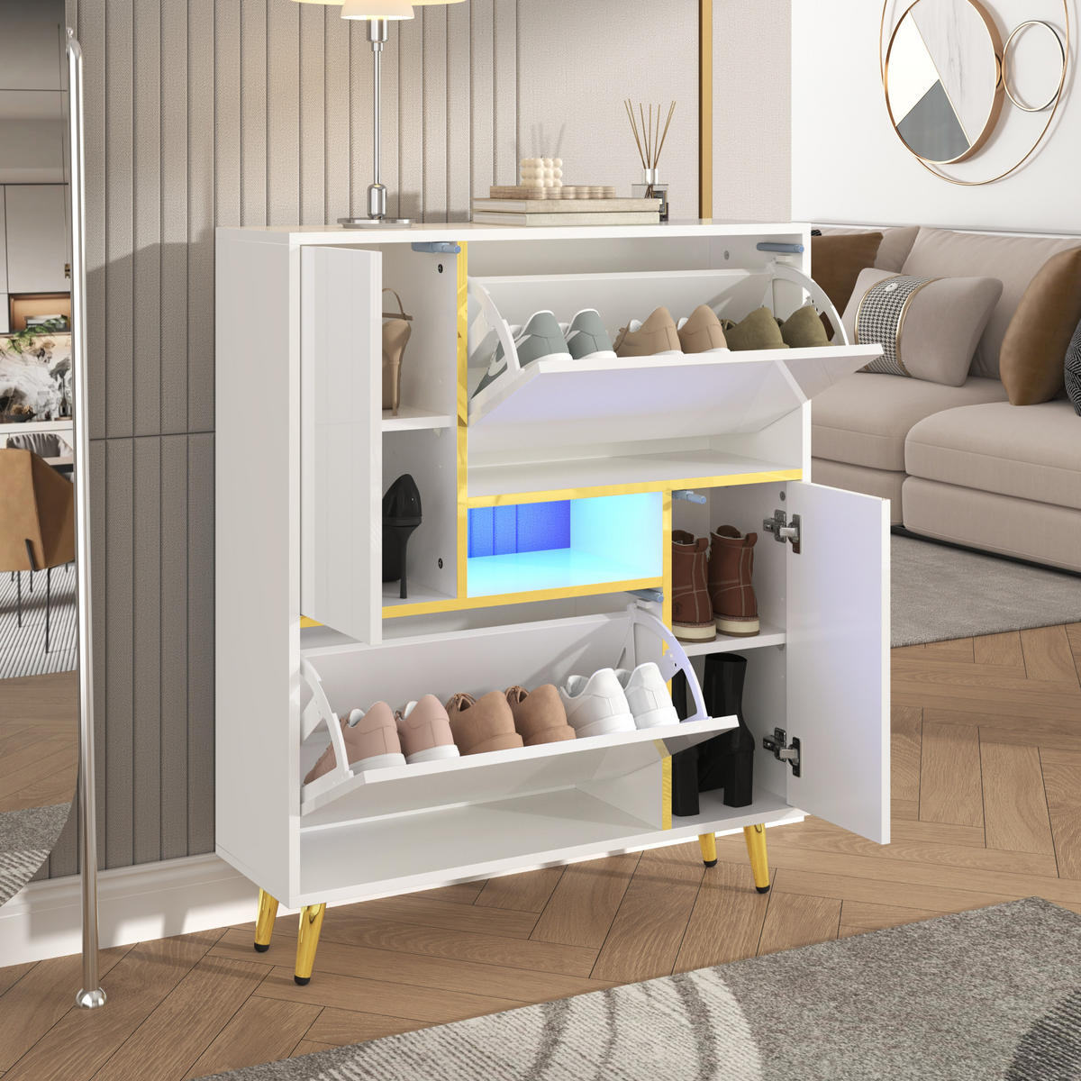 SCHUHSCHRANK 80x25x96 Weiß Hochglanz LED 16 Farben - Weiß, Holzwerkstoff (25/96/80cm) - FLIEKS
