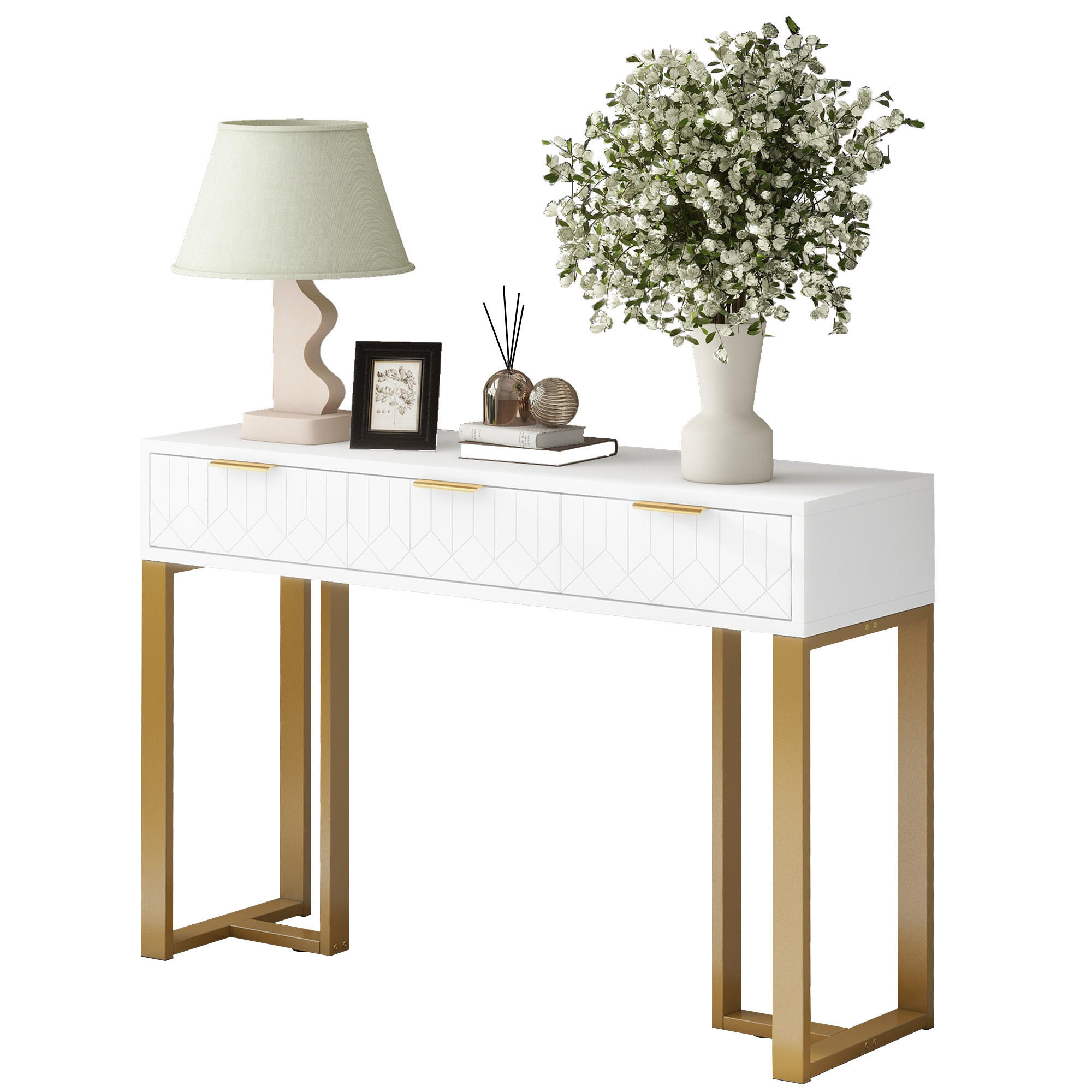 BEISTELLTISCH in Weiß und Gold Konsolentisch mit Schubladen für Wohnzimmer, Flur und Büro, B120/T36/H80 cm - Goldfarben/Weiß, Holzwerkstoff/Metall (36/120/80cm) - STILVORA