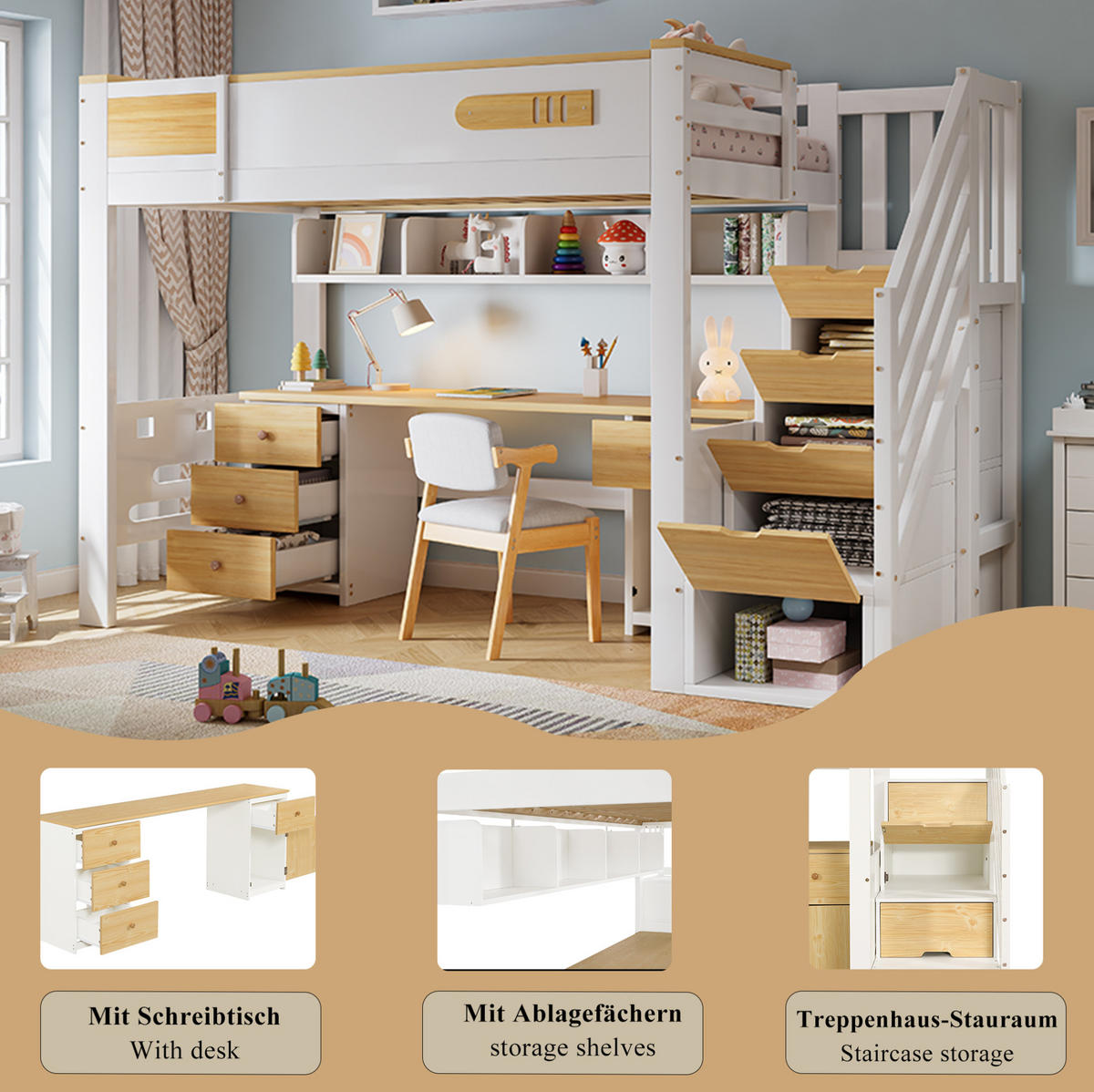 HOCHBETT Massivholz/MDF 90x200 cm Weiß/Natur mit Schreibtisch, Schubladen und Stauraumtreppe - Weiß, Holz (90/200cm) - Modfu