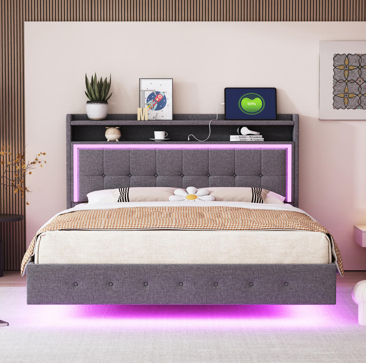 POLSTERBETT 140/200 cm mit USB-Anschluss, LED-Beleuchtung und versteckten Füßen, Leinenbezug, Grau - Grau, Textil (140/200cm) - Redom