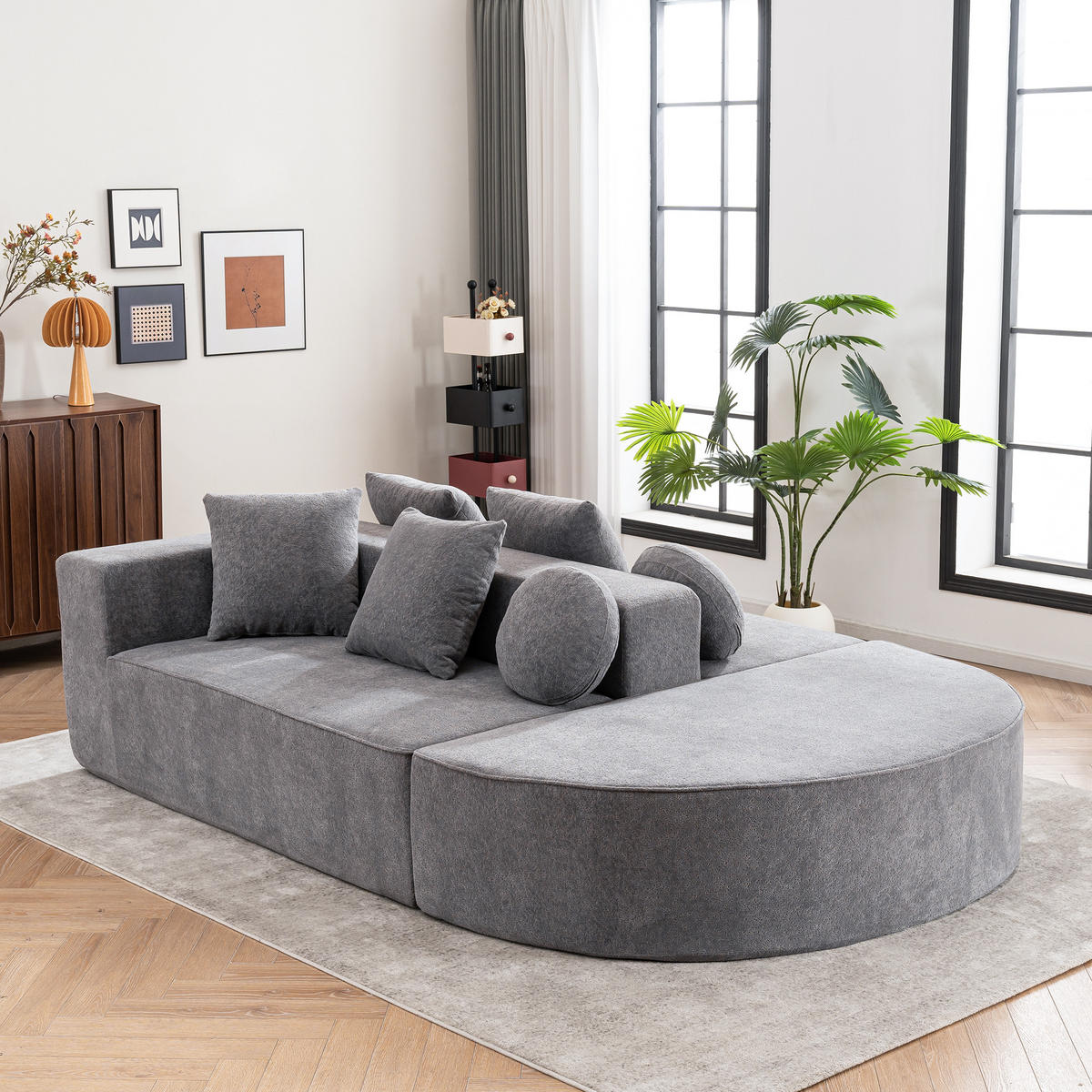 WOHNLANDSCHAFT Chenille Grau mit Kissen - Grau, Textil (263/66/171cm) - WISHDOR
