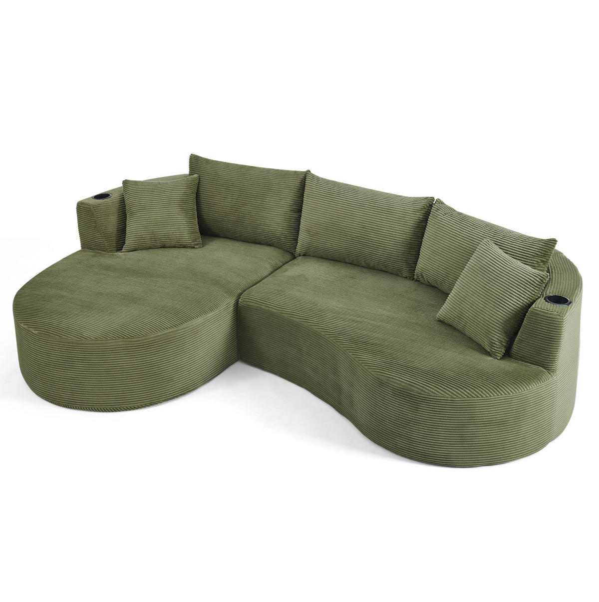 3-SITZER-SOFA mit Getränkehaltern, Kissen und bogenförmigem Design aus Kordstoff und Schaumstoff, Grün - Grün, Kunststoff (264/76/168cm) - Redom