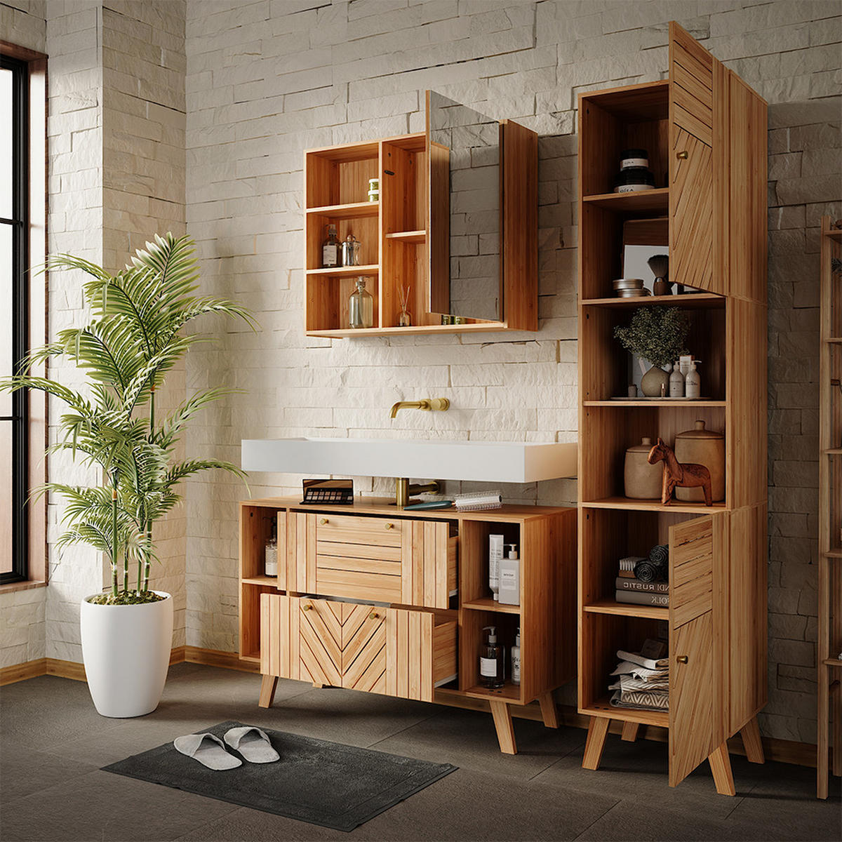 BADMÖBEL-SET Lucie Bambus 3 Teile - Grün, Holzwerkstoff (100/65/36cm) - Vicco