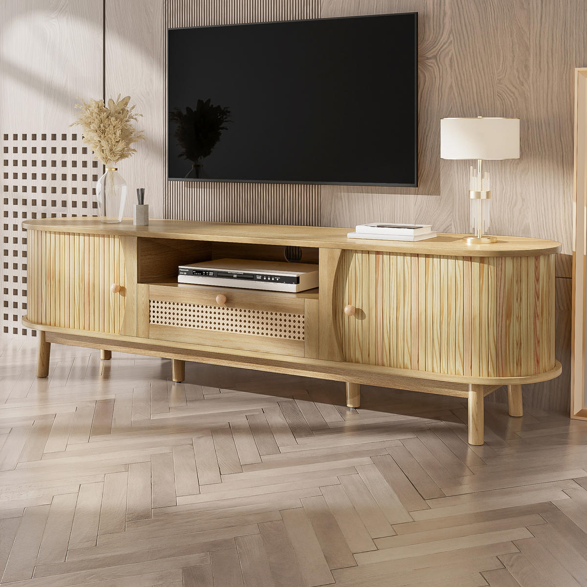 TV-LOWBOARD Rattan Türen Holz Landhaus - Naturfarben, Holz (165/46/37cm) - Fortuna Lai