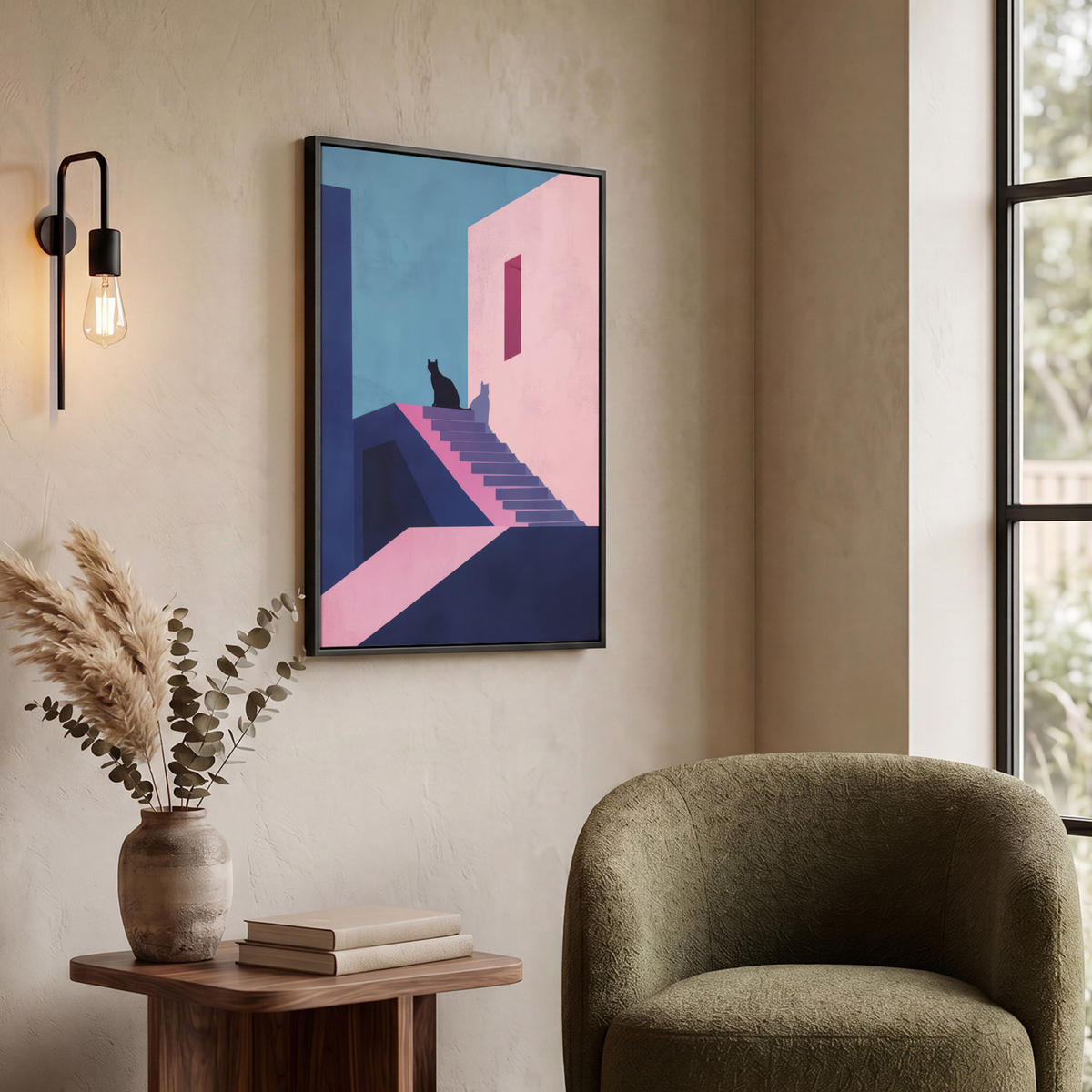 LEINWAND Bilder mit Rahmen - Katze - Treppe - Gebäude - Schattenkontraste - 50x70 - Dunkelblau, Textil (50/70cm) - MuchoWow