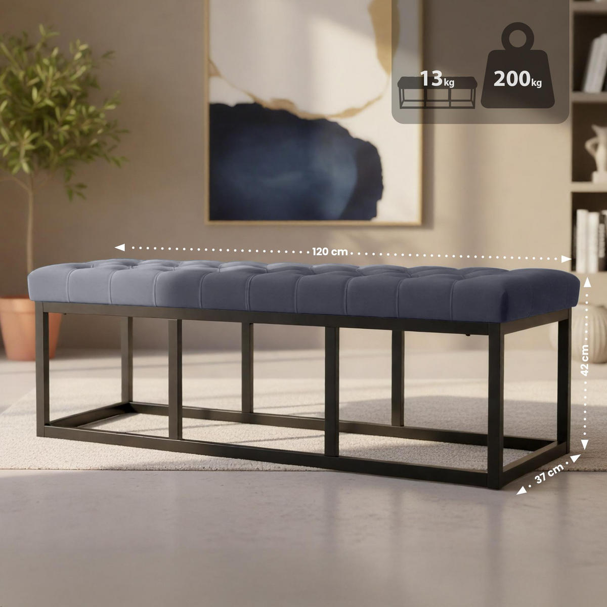 SITZBANK 120/37 cm Samt Grau - Schwarz/Grau, Textil/Metall (120/42/37cm) - CLP
