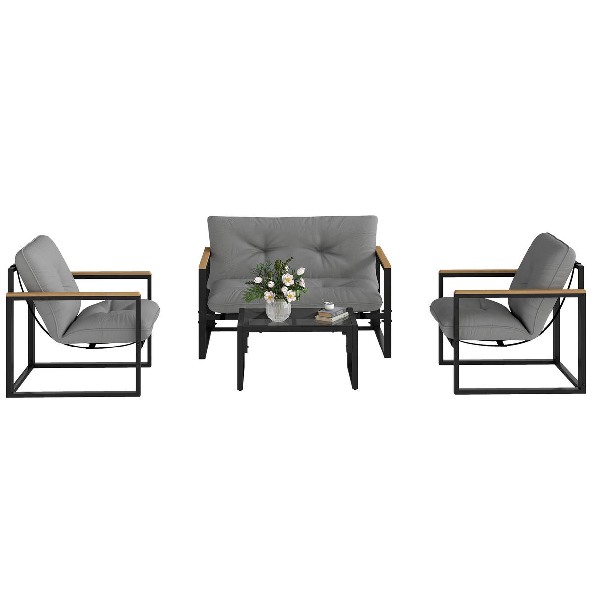 GARTENLOUNGE-SET 4-teilig DE-13425 2 Sessel + Sofa mit Tisch Grau - Hellgrau, Metall - ComfortXL