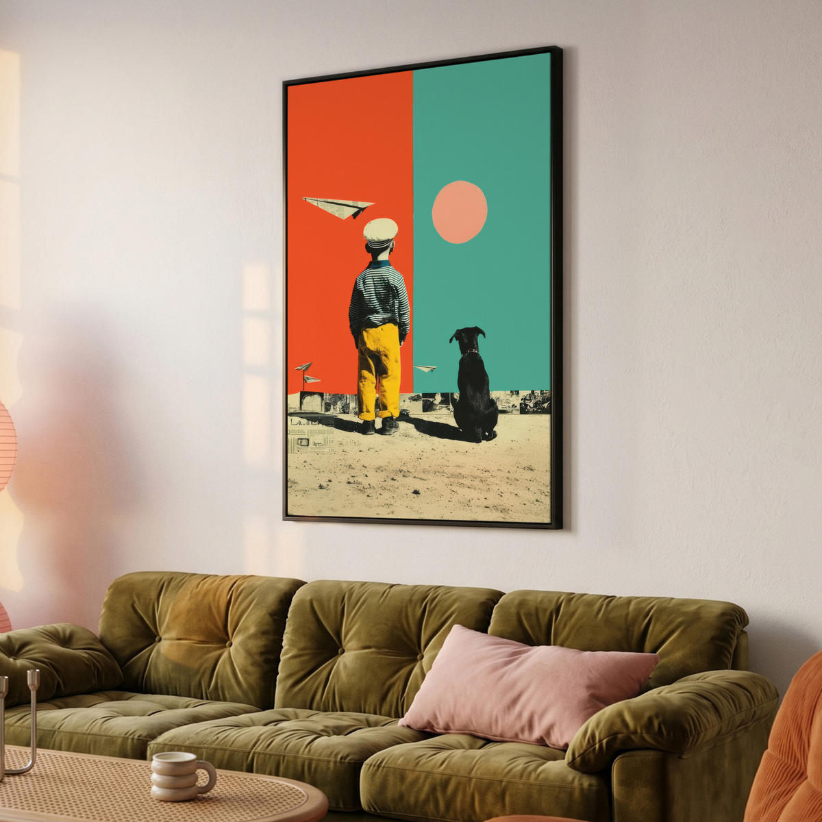 LEINWAND Bilder mit Rahmen - Retro - Junge - Hund - Rot - Grün - 90x140 - Orange, Textil (90/140cm) - MuchoWow