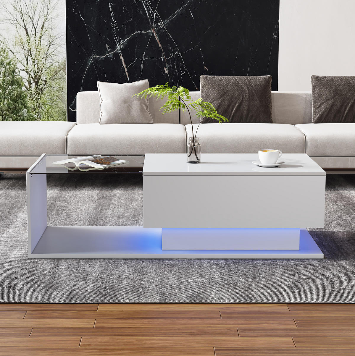 KONFERENČNÍ stolek z dřevotřísky, 100/50/32 cm bílý, s LED osvětlením a zásuvkou - bílá, kompozitní dřevo (100/50/32cm) - BEAOK