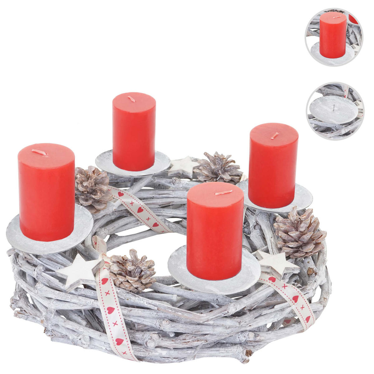 ADVENTSKRANZ HOLZ Ø 30CM MIT KERZEN ROT Weiß, Rot - Rot/Weiß, Holz (30/8cm) - MCW
