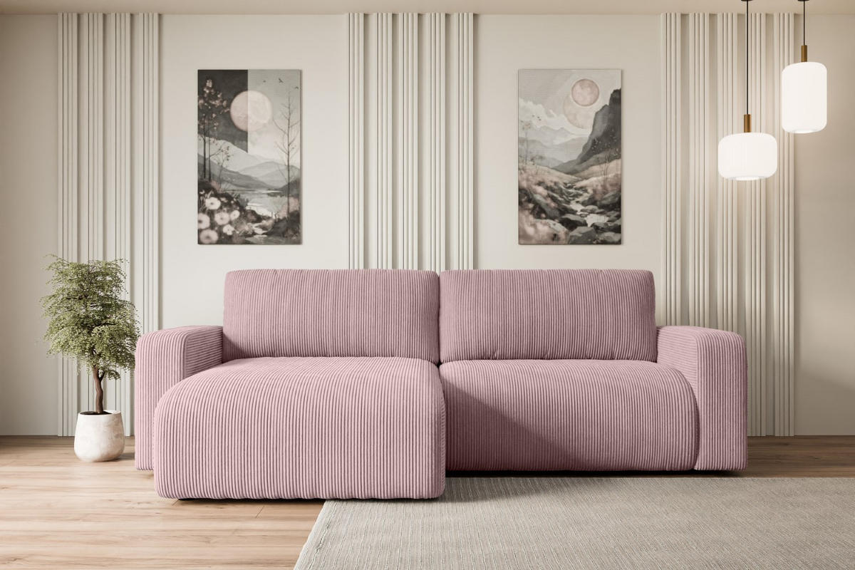 ECKSOFA mit Schlaffunktion und Bettkasten KLEEA-L - 247x143x83 cm Rosa Cord - Schwarz/Rosa, Holzwerkstoff/Kunststoff (247/143cm) - ALTDECOR