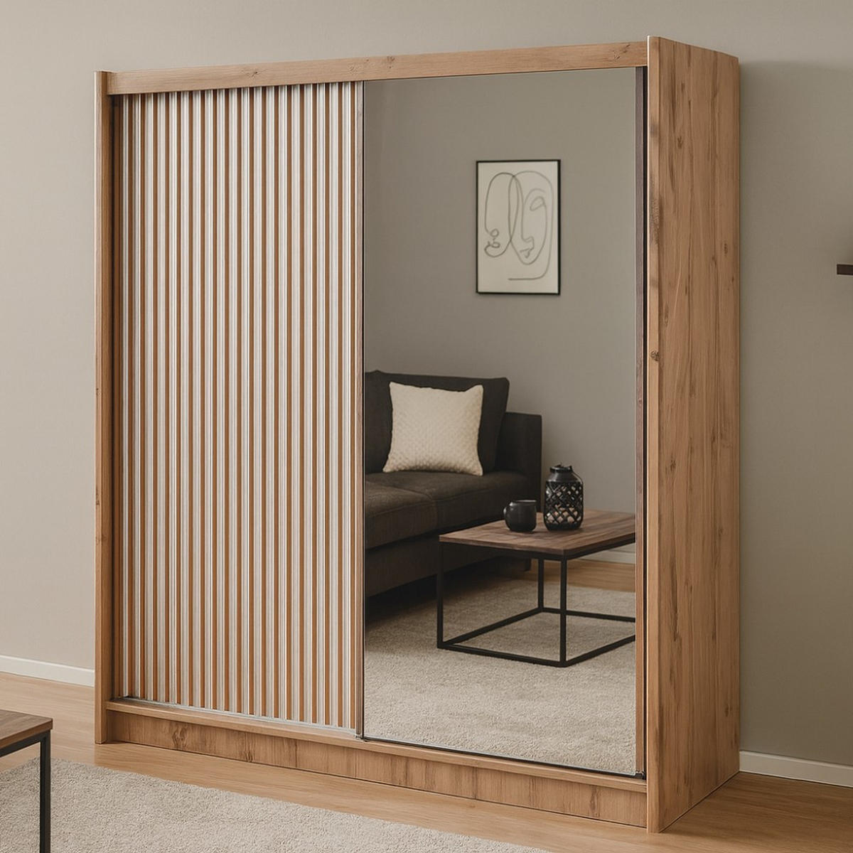 SCHWEBETÜRENSCHRANK Leroy mit Spiegel und Lamellen, 203 cm, Weiß+eiche Wotan - Weiß, Holzwerkstoff (203/215/60.5cm) - Beautysofa