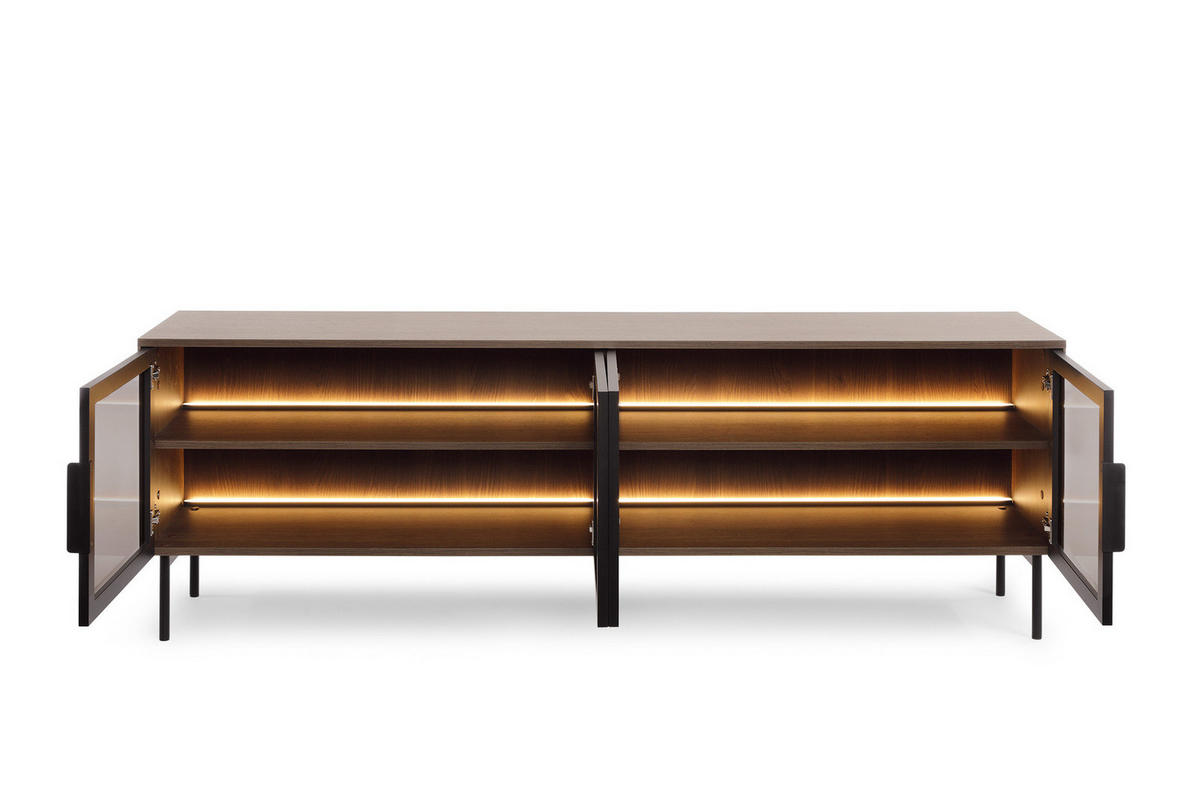 TV-LOWBOARD LUMI 181 cm Eiche Dunin - mit 4 Glastüren (Braunglas) und LED - Eichefarben/Schwarz, Holz/Holzwerkstoff (181/62/39cm) - Ravio