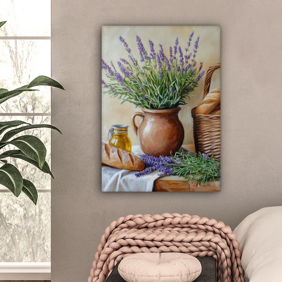 LEINWANDBILD Lavendel - Brot - Stilleben Wandbild Wohnzimmer 60x80 cm - Flieder, Textil (60/80cm) - MuchoWow