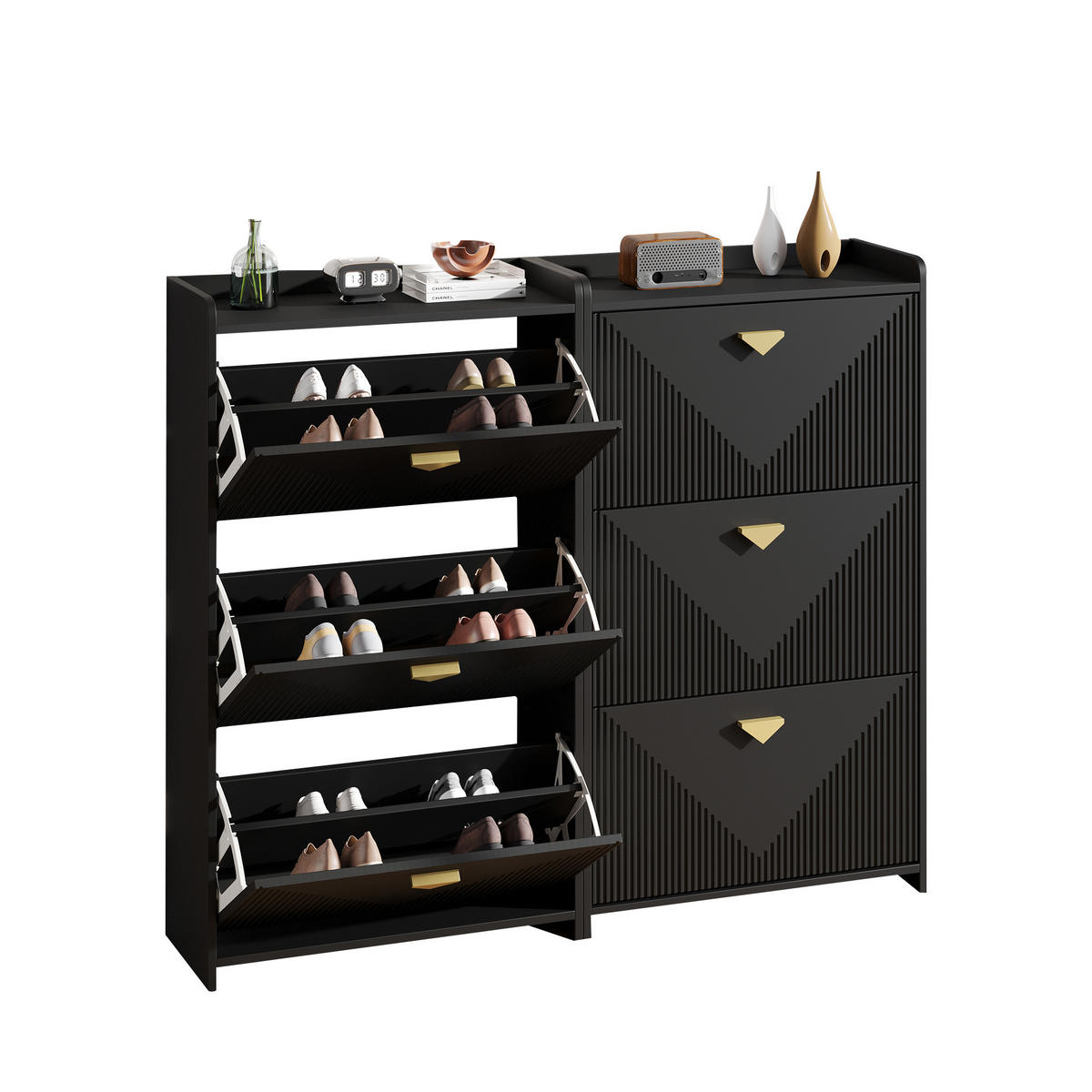 SCHUHSCHRANK aus MDF 140x30x120cm in Schwarz mit 3 Klapptüren - Schwarz, Holzwerkstoff (140/120/30cm) - Modfu