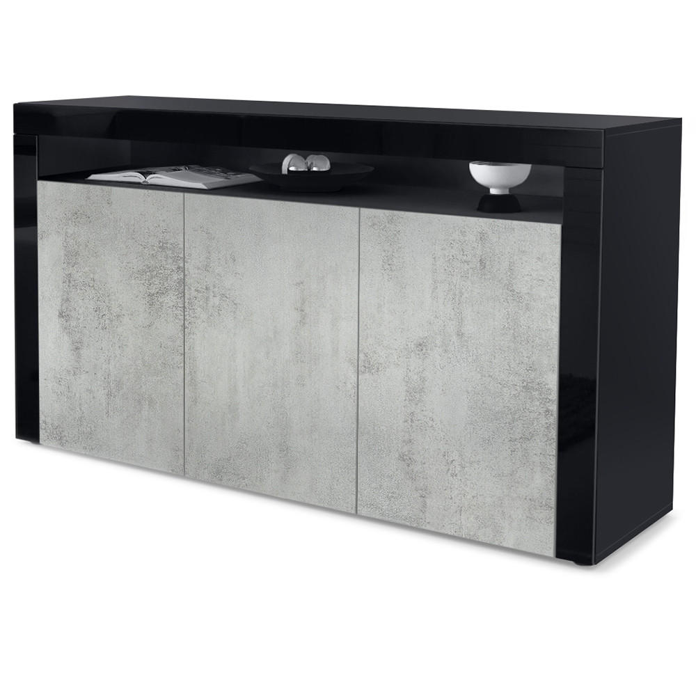 SIDEBOARD Valencia Beton Oxid Optik/ Schwarz Hochglanz - Hellgrau, Holzwerkstoff (155/92/40cm) - Vladon