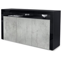 SIDEBOARD Valencia Beton Oxid Optik/ Schwarz Hochglanz - Hellgrau, Holzwerkstoff (155/92/40cm) - Vladon