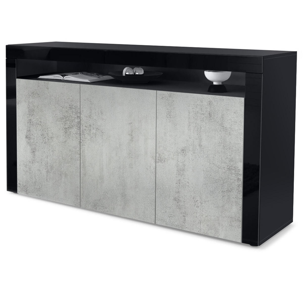 SIDEBOARD Valencia Beton Oxid Optik/ Schwarz Hochglanz - Hellgrau, Holzwerkstoff (155/92/40cm) - Vladon