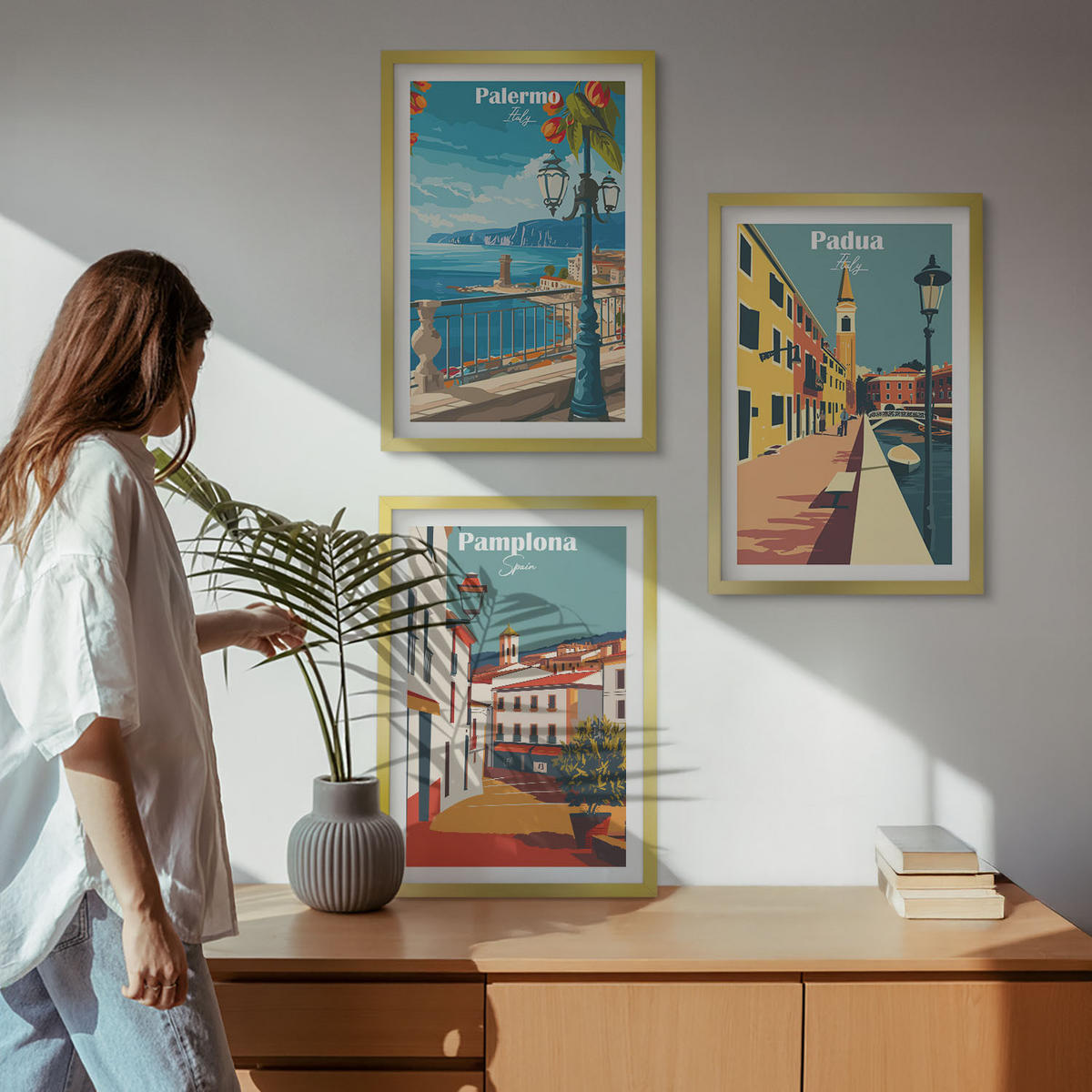 BILDER SET 3er Set - 40x60 cm Goldrahmen - Retro-Stadtillustrationen - Goldfarben, Kunststoff (40/60cm) - TULUP