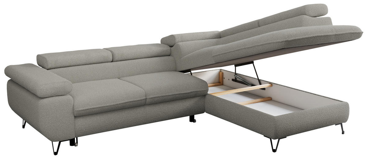 ECKSOFA PEDRO L Hellgrau Boucle - Rechts Seite - Hellgrau/Schwarz, Textil/Metall (273/208cm) - MKS