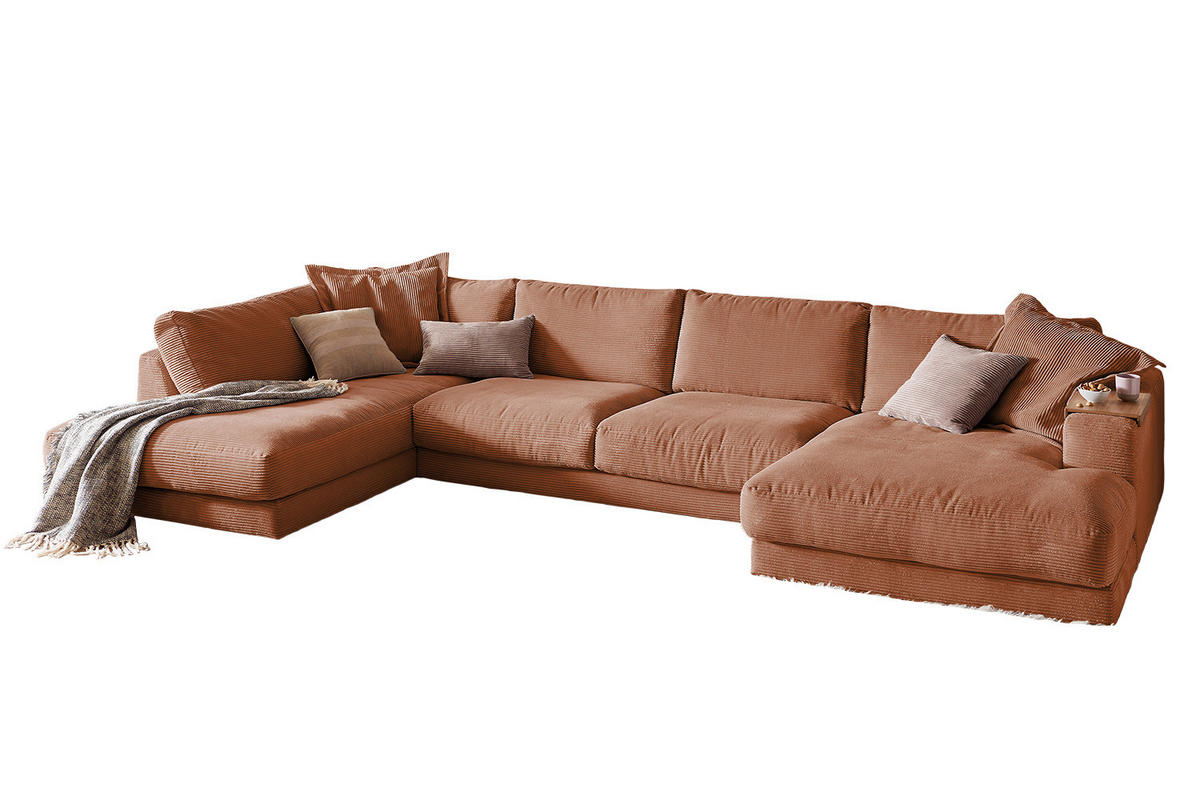 WOHNLANDSCHAFT MADELINE Braun Cord - Rotbraun/Schwarz, Kunststoff/Textil (425/86/224cm) - KAWOLA