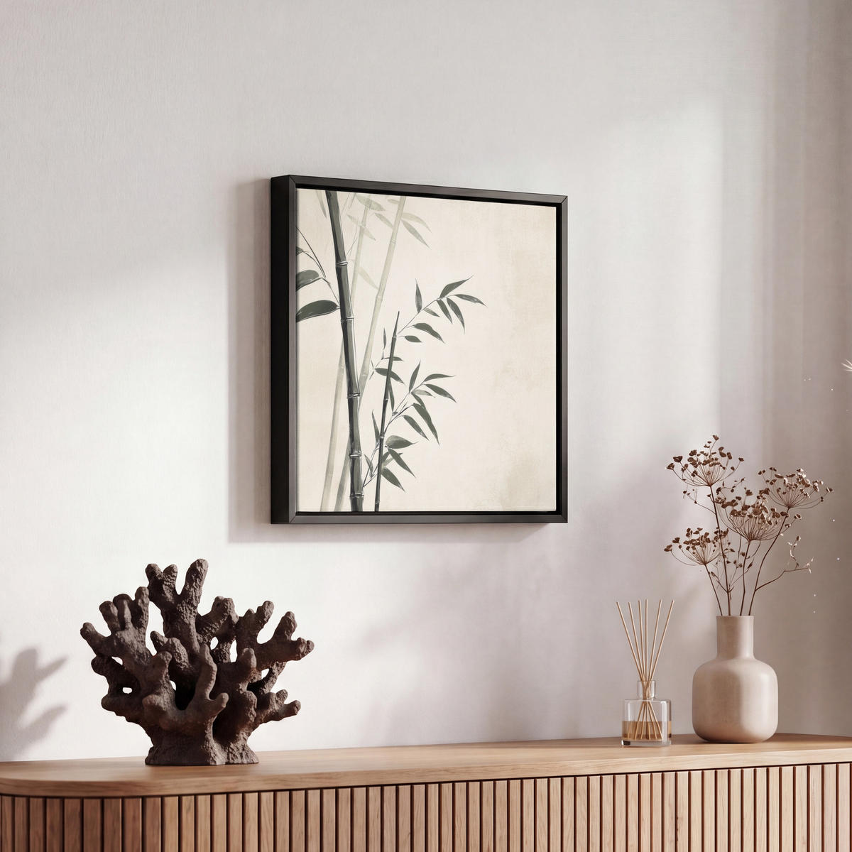 LEINWAND Bilder mit Rahmen - Japandi - Bambus - Beige - 20x20 - Eukalyptusholzfarben, Textil (20/20cm) - MuchoWow