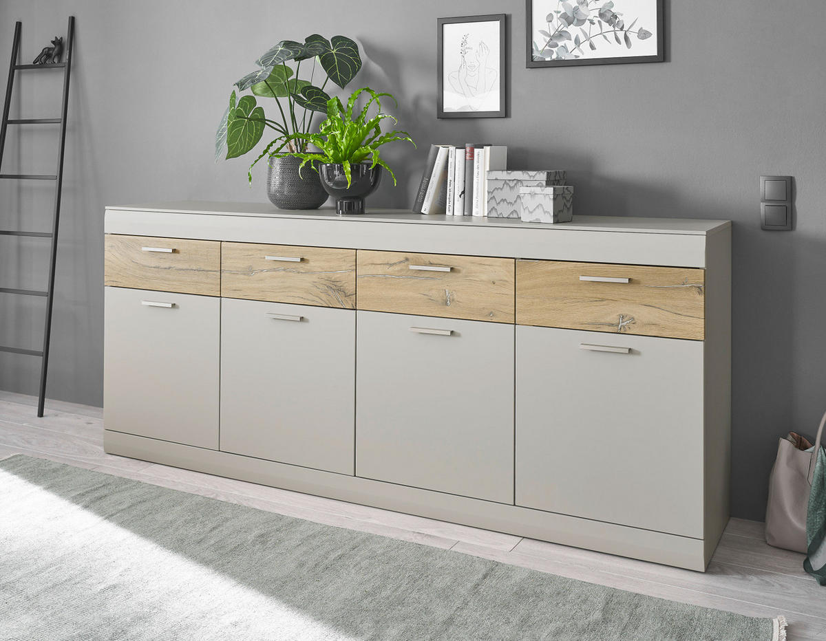EX! SIDEBOARD grau matt, Zinneiche 200 cm, Kommode mit Soft-Close-Funktion - Eichefarben/Silberfarben, Holzwerkstoff/Metall (200/85/42cm) - Furn.Design