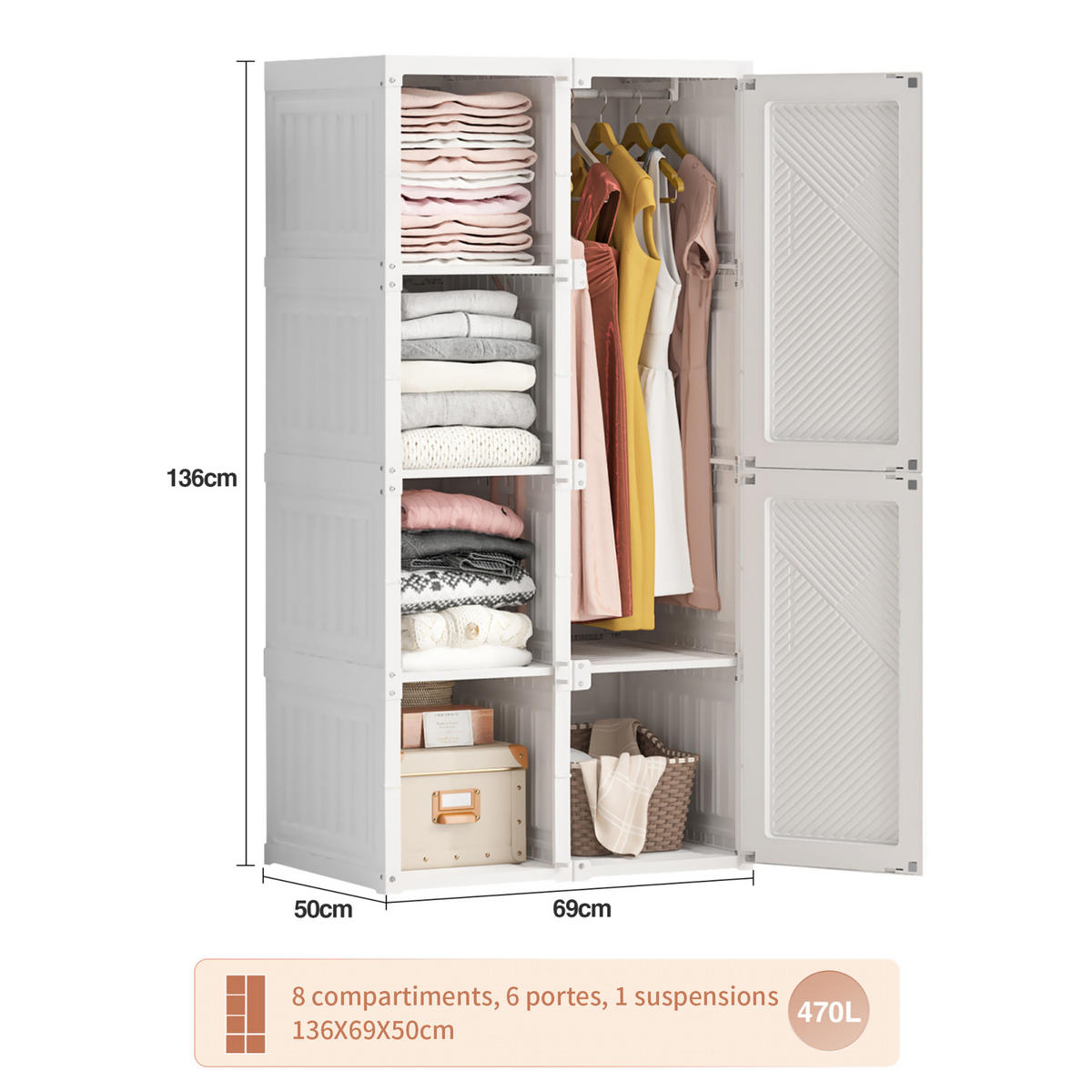 KLEIDERSCHRANK faltbar 50x136x69 cm Magnettüren weiß - Weiß, Holz (69/136/50cm) - LEBENLANG