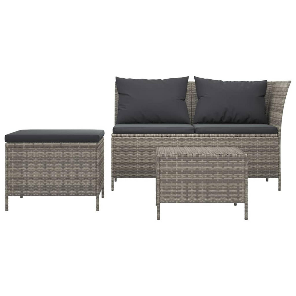 LOUNGEGARNITUR mit Kissen-Stauraum und Couchtisch, aus Poly Rattan, Grau, 3-teiliges Set - Grau, Kunststoff - vidaXL