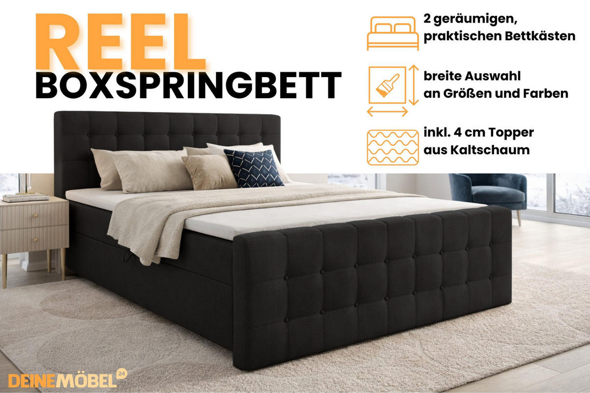 BOXBETT REEL 160/200 in Velours Schwarz H3 - Schwarz, Holz/Holzwerkstoff (160/200cm) - Deine Möbel 24