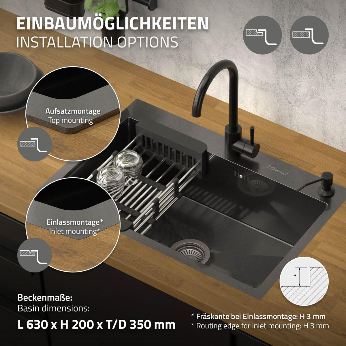 SPÜLBECKEN Edelstahl 68/45cm Anthrazit - Anthrazit, Metall (45/20/68cm) - ML-DESIGN