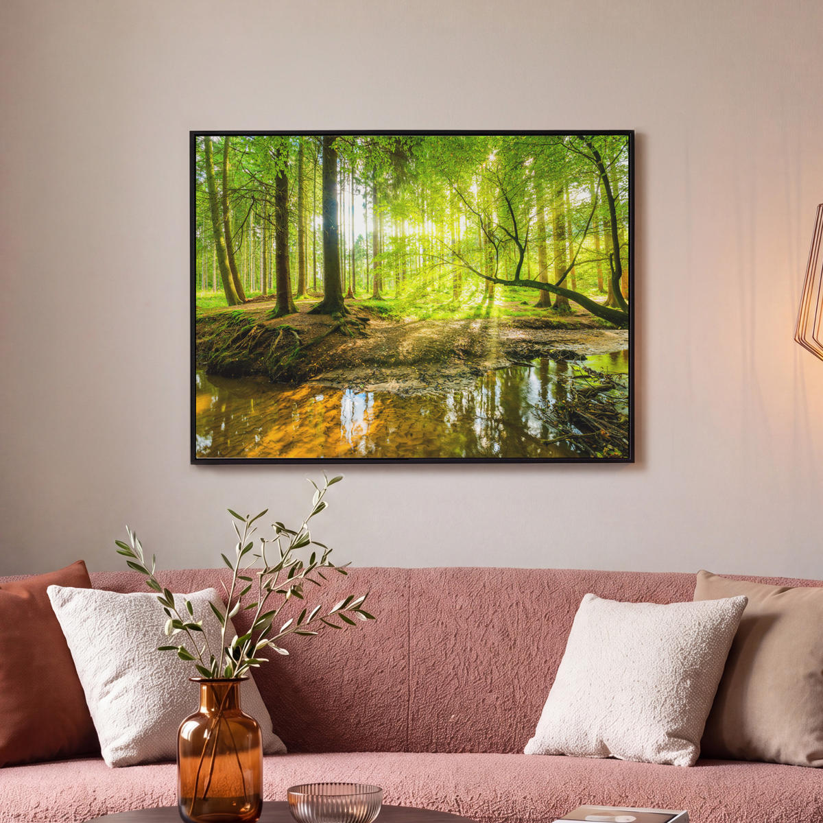 LEINWAND Bilder mit Rahmen - Wald - Landschaft - Wasser - Bäume - Sonne - Grün - Natur - 70x50 - Grün, Textil (70/50cm) - MuchoWow