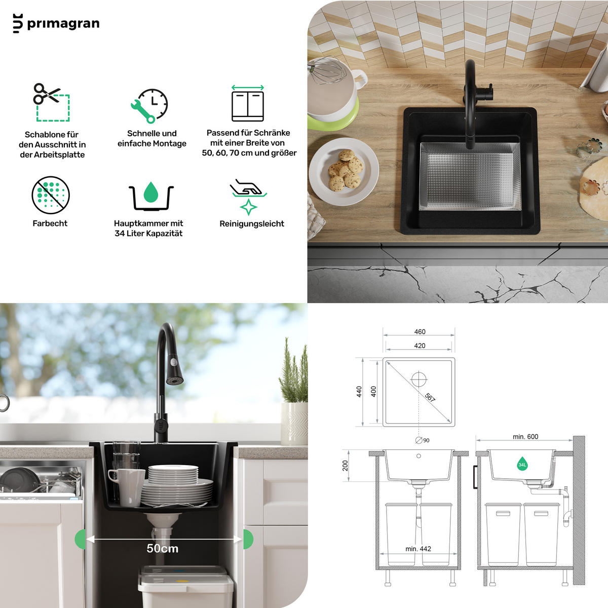 SPÜLBECKEN Venedig Slim Easy, 2-er set Beige 46/44 cm 1 Becken + Ablauf-Set ab 50er Unterschrank - Chromfarben/Beige, Kunststoff (46/20/44cm) - Primagran