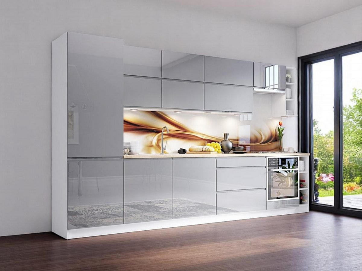 KÜCHENLEERBLOCK 340 cm Aspen in Grau/Hochglanz - Grau, Holz (340/212/60cm)