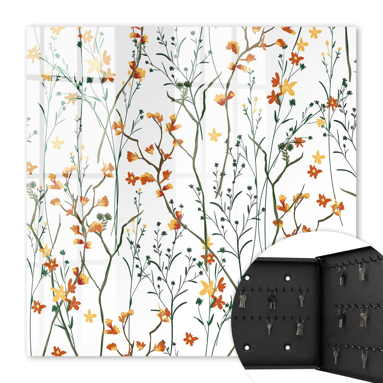 SCHLÜSSELBOX Schwarz 30x30 cm- Türöffnung nach rechts - Blumenmuster - Weiß, Metall (30/30/5cm) - TULUP